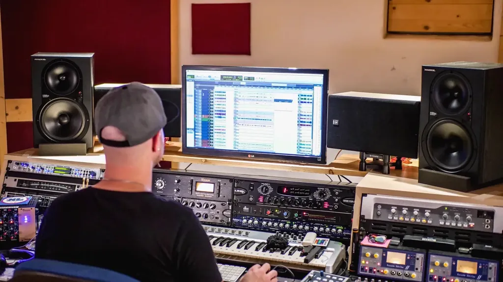 Dennis Geraads mixing a session in the mastering room with Mackie monitors, outboard racks and DAW session on screen